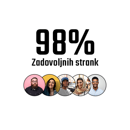 98% zadovoljnih strank napis z profilnimi slikami petih oseb spodaj